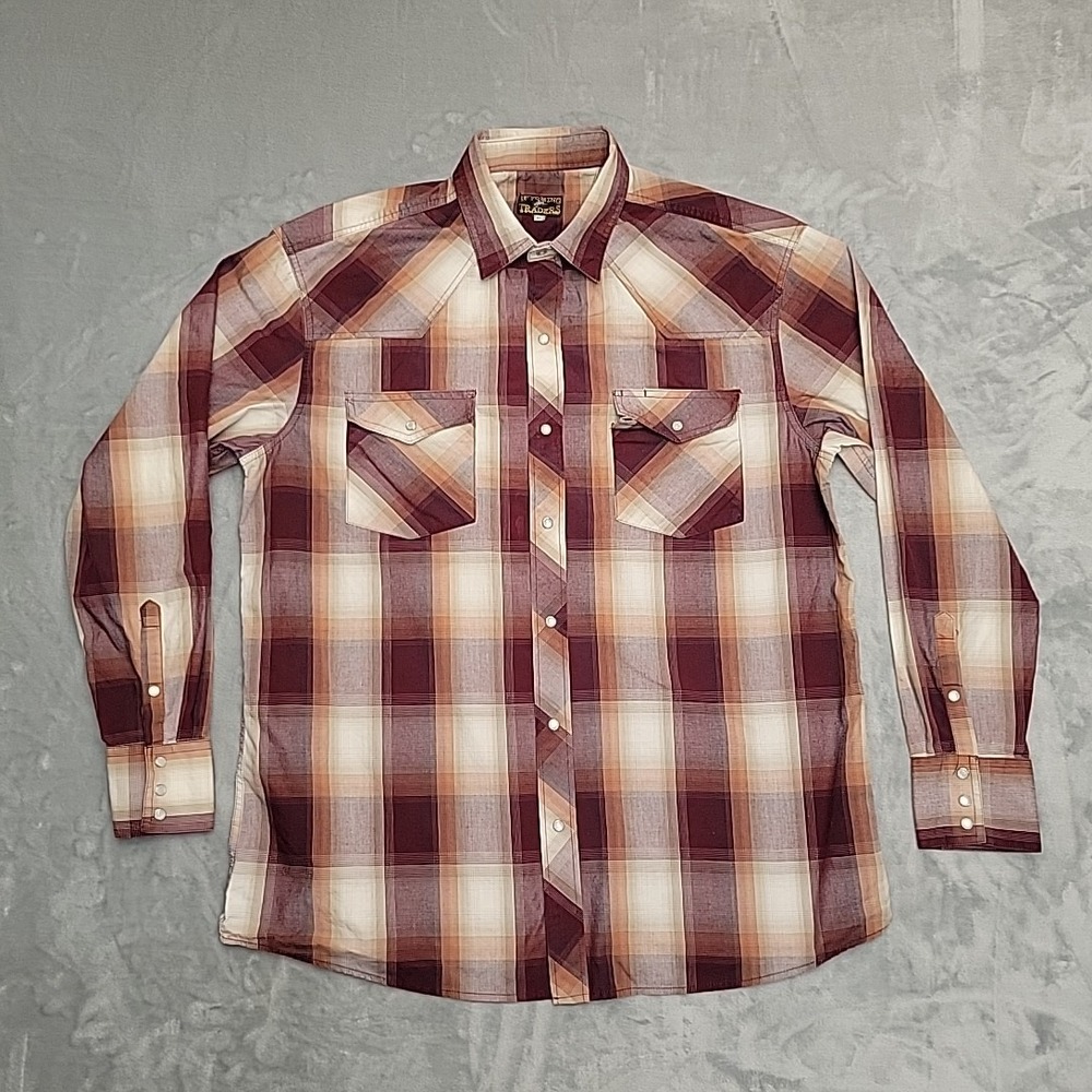 Wyoming Traders Western Pearl Snap Shirt Mens XL Burgundy Plaid Cowboy Workwear